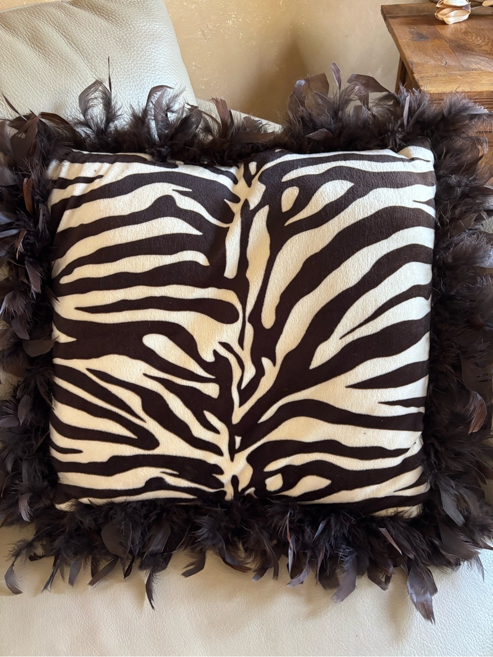 Zebra Print Feather-Trim Accent Pillow in Brown & White